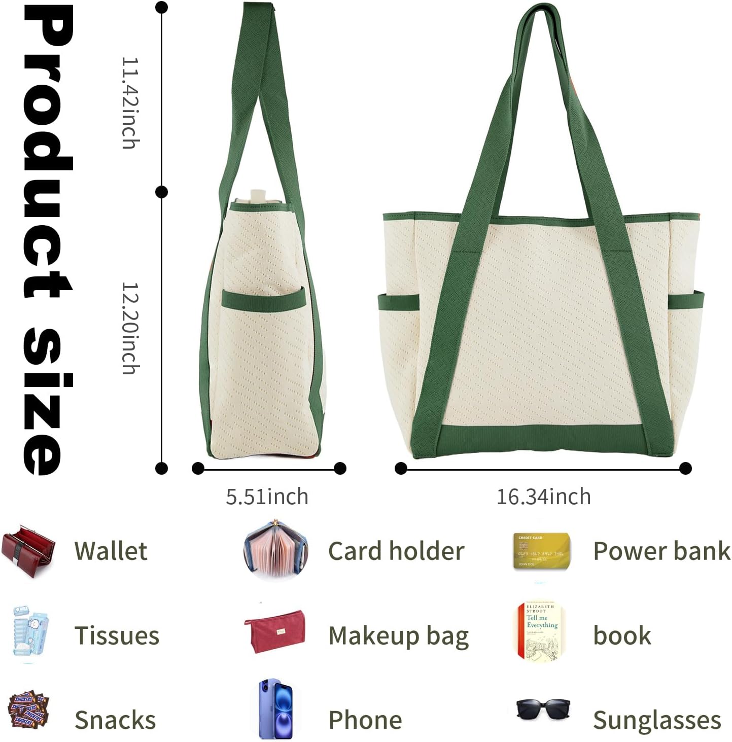 Large Canvas Tote Bag,White and Green, with Laptop Sleeve and Multiple Pockets