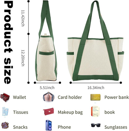 Large Canvas Tote Bag,White and Green, with Laptop Sleeve and Multiple Pockets
