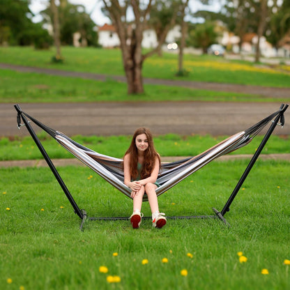 SZHLUX Double Hammock with Stand Included 450lb Capacity Steel Stand, Premium Carry Bag Included and Two Anti Roll Balance Beam, Portable Hammock with Stand for Backyard, Camping,Garden Brown Stripes