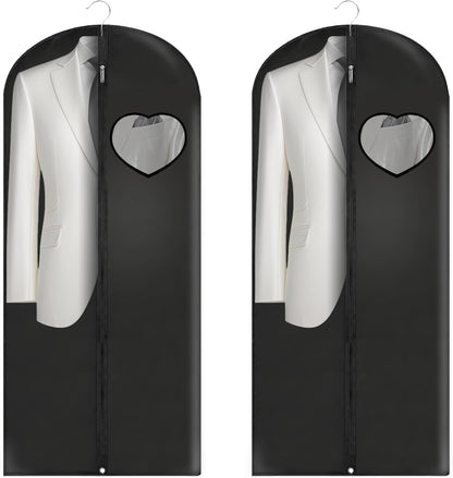 Dress Bags for Gowns Long, 60'' Garment Bags for Hanging Clothes, Suit Bag Cover for Storage and Travel, with Clear Heart Window, 2 Pack (Black)