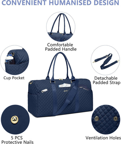 Weekender Travel Duffle Bag for Women - Carry on Bag with Shoe Compartment Overnight Bags with Toiletry Bag Wet Pocket Weekend Traveling Yoga Gym Hospital Bags for Labor and Delivery Blue