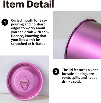 Titanium Camping Pot Mug 15oz (420ml) with Lid and Foldable Handle – Ultralight Camping Cup for Hiking, Backpacking, Outdoor Cooking, Purple