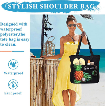 VASCHY Beach Bag for Women, Large Waterproof Sandproof Fold-able Packable Pool Tote Bag w Zipper/Pockets