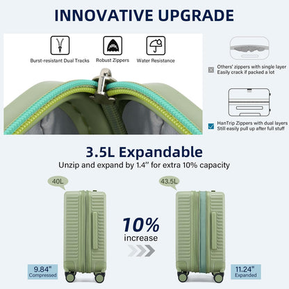 Hard Shell 20 Inch Carry on Luggage Expandable Travel Luggage, TSA Approved Luggage with Cup Holder Charger Built in, Lightweight Small Suitcases with Wheels, Bamboo Green