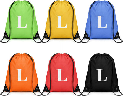 ZOMFELT 6Pcs Drawstring Backpack Drawstring Gym Bags, Foldable Draw String Backpack with Multiple Colors and Letters, Lightweight Polyester Cinch Bag for Gift, Beach, Sports, Travel, Swim (Letter L)