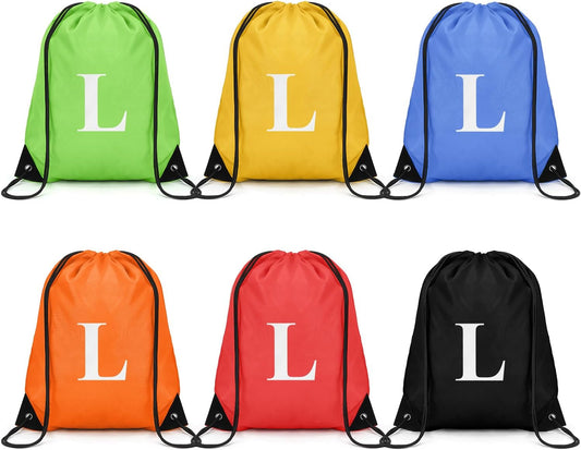 ZOMFELT 6Pcs Drawstring Backpack Drawstring Gym Bags, Foldable Draw String Backpack with Multiple Colors and Letters, Lightweight Polyester Cinch Bag for Gift, Beach, Sports, Travel, Swim (Letter L)