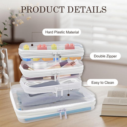 4PCS Clear Hard Zipper Case - Portable Organizer Pouches, Waterproof Plastic Cosmetic Bag,Travel Organizer Box for Cable, Make up Tools and Toiletries（White）