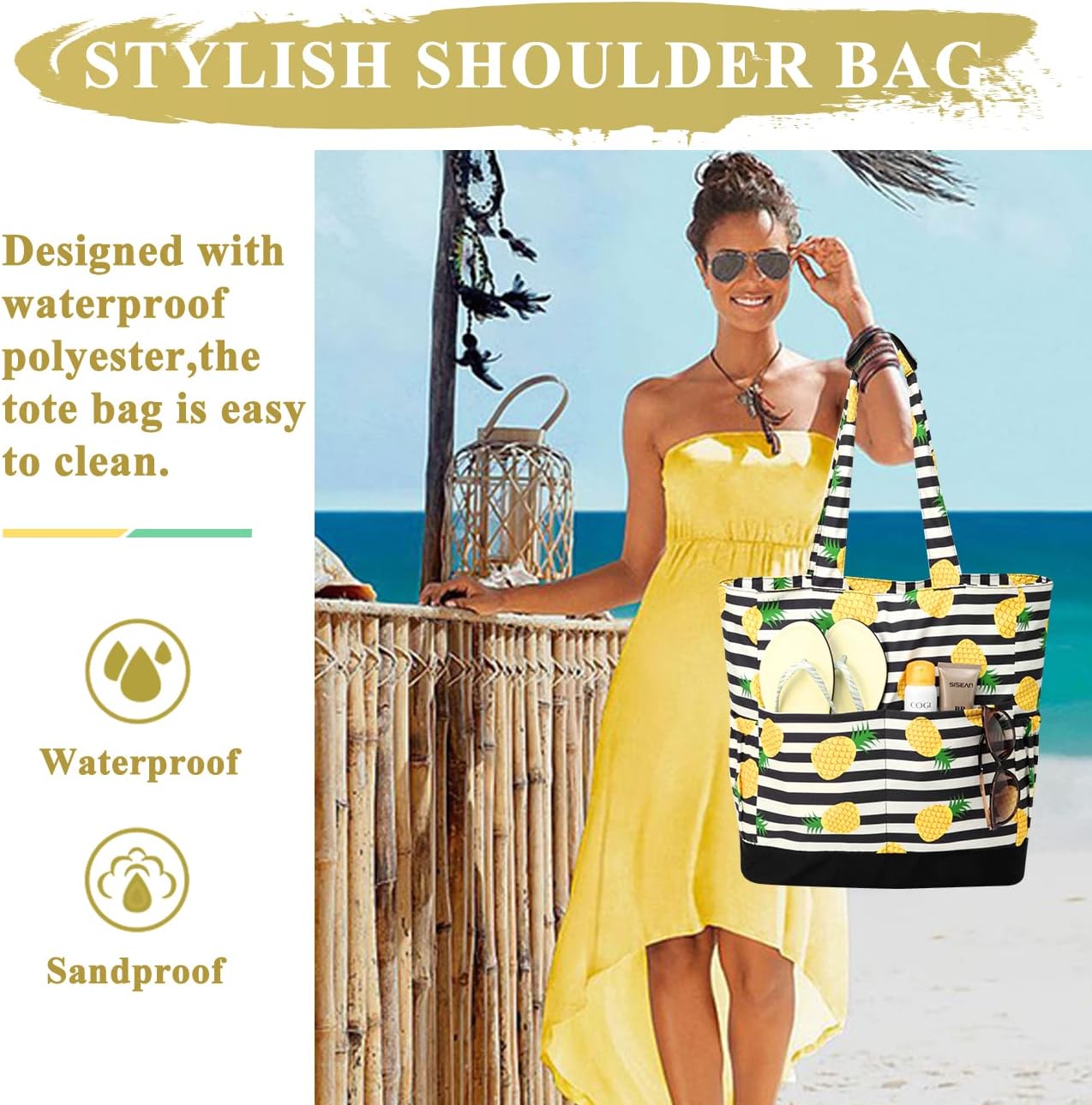 VASCHY Beach Bag for Women, Large Waterproof Sandproof Fold-able Packable Pool Tote Bag w Zipper/Pockets