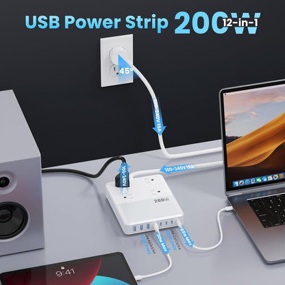 12-in-1 Charging Station USB C Power Strip with 5ft Cord,200W GaN IV USB C Charger Block,4 AC Outlets,4 USB-A,4 USB-C for MacBook,iPhone 16/15/14,Fast Charging Desktop Charger for Office (A-White)