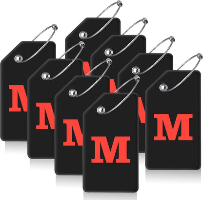 8 Pcs Luggage Tags for Suitcases, 26 Initial Letter Travel Luggage Baggage Identification Labels ID Tags Fully Bendable Tags with Stainless Steel Loop (Letter M, Black)