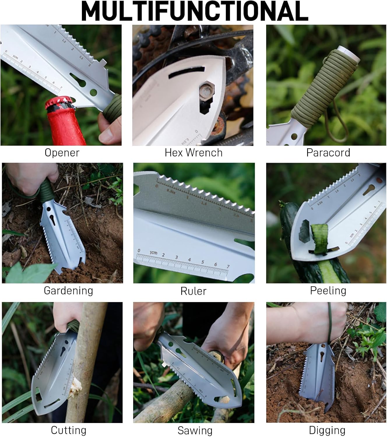 Small Camping Shovel, 9 in 1 Mini Hand Shovel, Portable Backpacking Trowel, Ultralight Compact Multitool for Camping, Gardening, Outdoor Survival, Silver