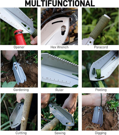 Small Camping Shovel, 9 in 1 Mini Hand Shovel, Portable Backpacking Trowel, Ultralight Compact Multitool for Camping, Gardening, Outdoor Survival, Silver