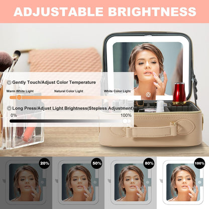Mocado Travel Makeup Bag with LED Lighted Mirror,Travel Makeup Organizer,Makeup Case with 3 Color Lighted Setting and 10x Magnifying Mirror,Portable Storage and Adjustable Dividers Makeup Box(Khaki)
