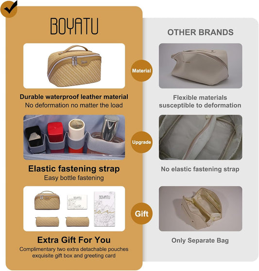 BOYATU Travel Makeup Bags for Women: Large Cosmetic Bag Waterproof - Vegan Leather Make up Bag Set of 3 - Compact Toiletry Organizer with Compartments & Handle & Divider (Z-Brown)