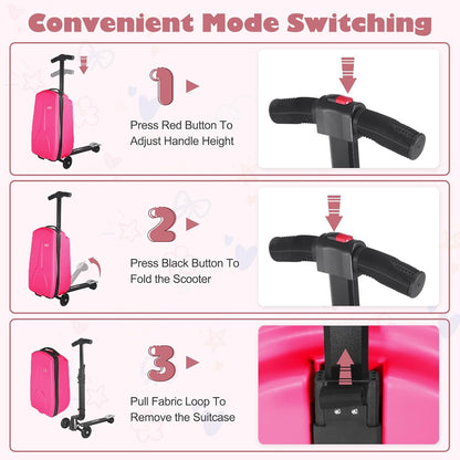 iubest Scooter Luggage Carry On Scooter Suitcase for Kids Age 4-15, Detachable & Foldable 4 in 1 Kids Suitcase, Multifunctional Ride On Travel Trolley Scooter Combo-Rose Pink