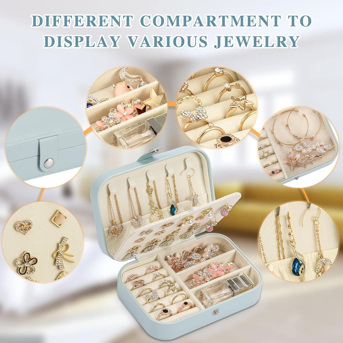 Travel Jewelry Box, PU leather Small Jewelry Organizer For Female Girls, double layer portable mini travel case for storing earrings, rings, necklaces.(blue 2pcs)