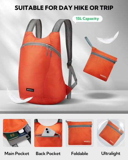 WATERFLY Foldable Lightweight Hiking Backpack: 15L Packable Traveling Daypack Men Women Ultralight Thin Casual Day Pack Bag for Outdoor Sports Camping Beach Park (Orange)
