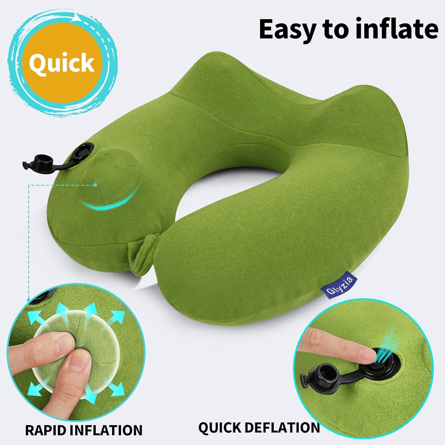Inflatable Travel Neck Pillow for Airplane, Head Support Velvet Adult Neck Pillow for Long Flight, Kit with Eye Mask, Earplugs and Storage Bag,1, Green