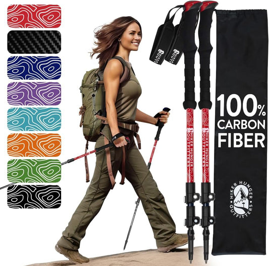 100% Carbon Fiber Trekking Poles by USA Brand - Ultra Strong Lightweight Collapsible Hiking Poles with Cork and EVA Foam Grips & Quick Adjustable Flip Locks