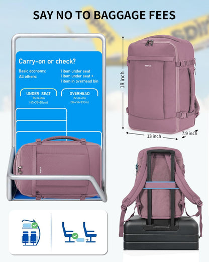 ECOHUB Travel Backpack for Women, Carry on Backpack with USB Charging Hole, Spirit Airlines Personal Item Bag Flight Approved, 15.6 Inch Laptop Backpack with Anti Theft Pockets, 30L, Pink