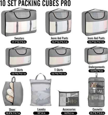 Veken 10 Set Packing Cubes for Travel Essential, Suitcase Organizer Bags in 4 Sizes, Carry-On Luggage Accessories with Large Laundry & Hanging Toiletry Bag, Must-Have for Airplane, Road Trip & Camping