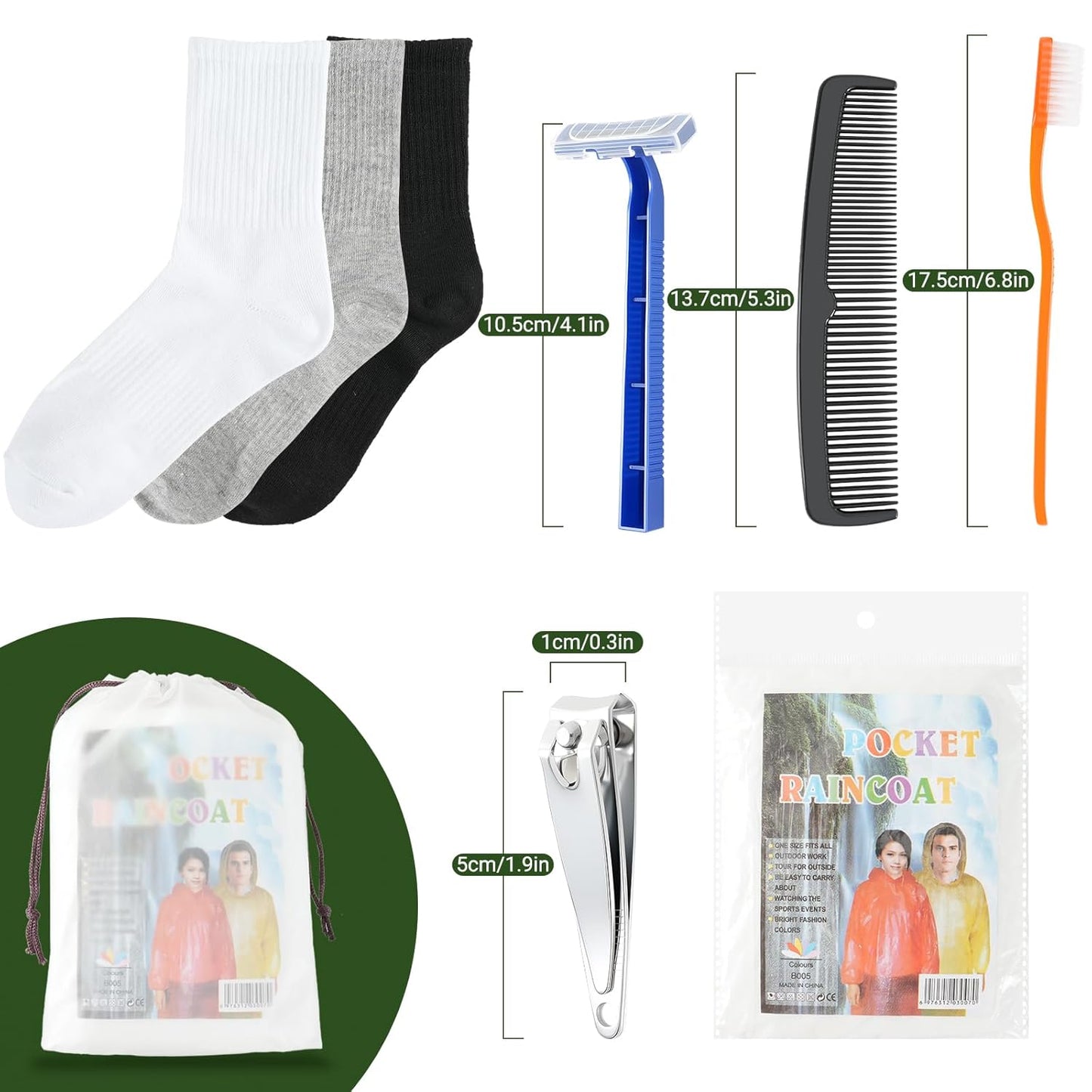 84 Pcs Homeless Care Package Supplies Bulk Hygiene Kits with Nail Clipper, Prepasted Disposable Toothbrushes, Razors, Ponchos, Combs, Socks & Drawstring Bags — Ideal Charity or Personal Travel Package