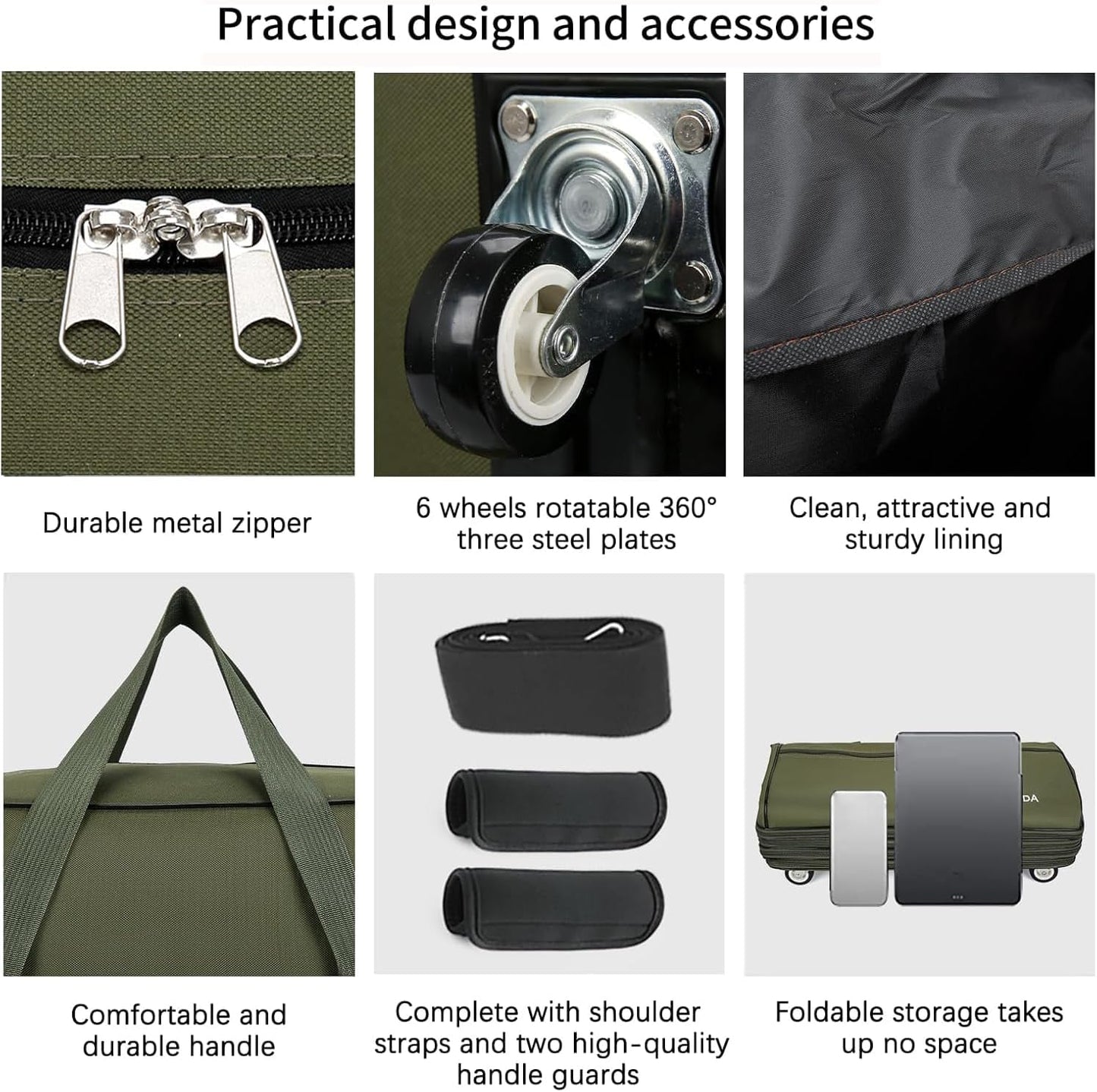 Expandable Foldable Luggage, 42'' Suitcase With Spinner Wheels, Rolling Duffle Bag with Wheels and Handle, Collapsible Luggage, With 2 Handle Wrap and 2 Fixing Straps, 1 Shoulder Strap (Green)