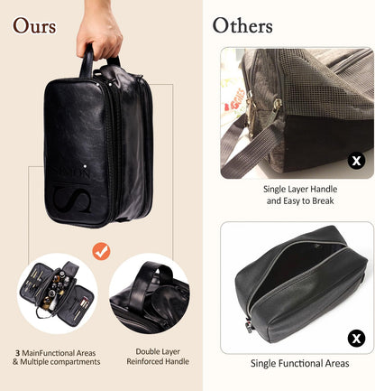 Personalized Leather Toiletry Bag for Men - Double Layer Reinforced Handle,Large Water Resistant Shaving Dopp Kit,Travel Essential,Wedding Groomsmen Gift