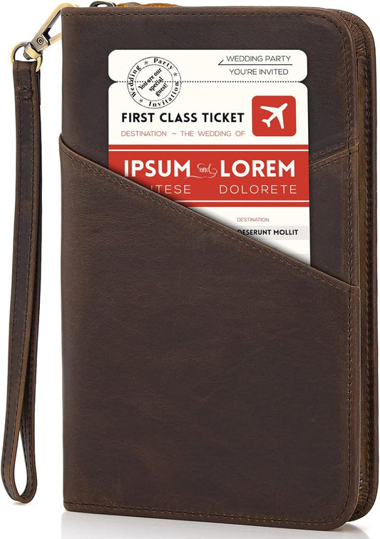 Polare Full Grain Leather Passport Holder With YKK Zipper RFID Blocking Travel Document Organizer Ticket Holder Cover Case Holds 2 Passports (Dark Brown)