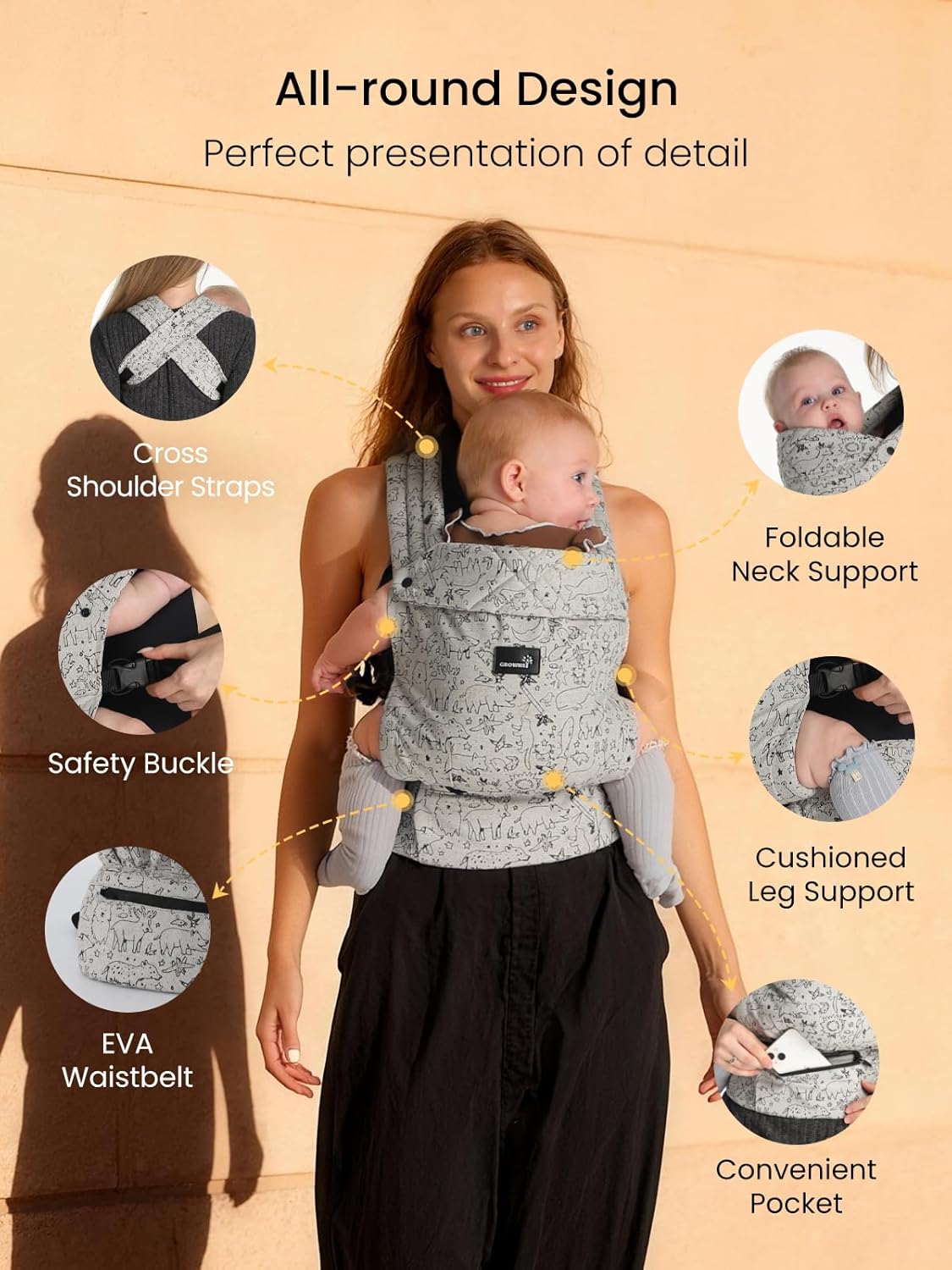 GROWNSY Baby Carrier Newborns to Toddlers, Ergonomic Baby Toddler Carrier Wraps with Head Support, Easy to Wear, Infant Carrier Baby Gift, Travel and Hiking Friendly, 7 to 44 lb (Animal)