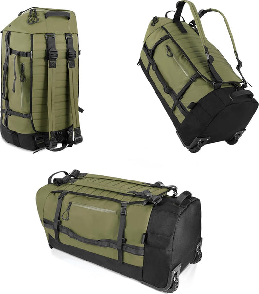 CONTAIL 86L Foldable Wheeled Duffel Backpack with Padded Quilted Bottom, Waterproof Collapsible Travel Duffle Bag with Extended Web Handles,No Telescope Handle,Army Green