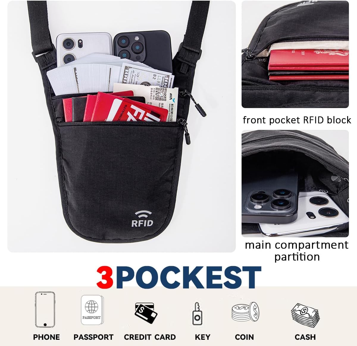 Crossbody Money Belt for Travel Women & Men Hidden, Travel Wallet Pouch - Slim Passport Holde, RFID Blocking Neck Wallet Under Clothes to Protect Cash, Credit Cards and Documents (BLACK)