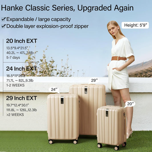 Hanke Expandable Hard Shell Luggage Sets 2 piece Carry on Luggage with Wheels Suitcases Lightweight Checked Travel Luggage Rolling Large Suitcase Travel Luggage Bag Woman Men 20/29 Inch Cuba Sand Pink