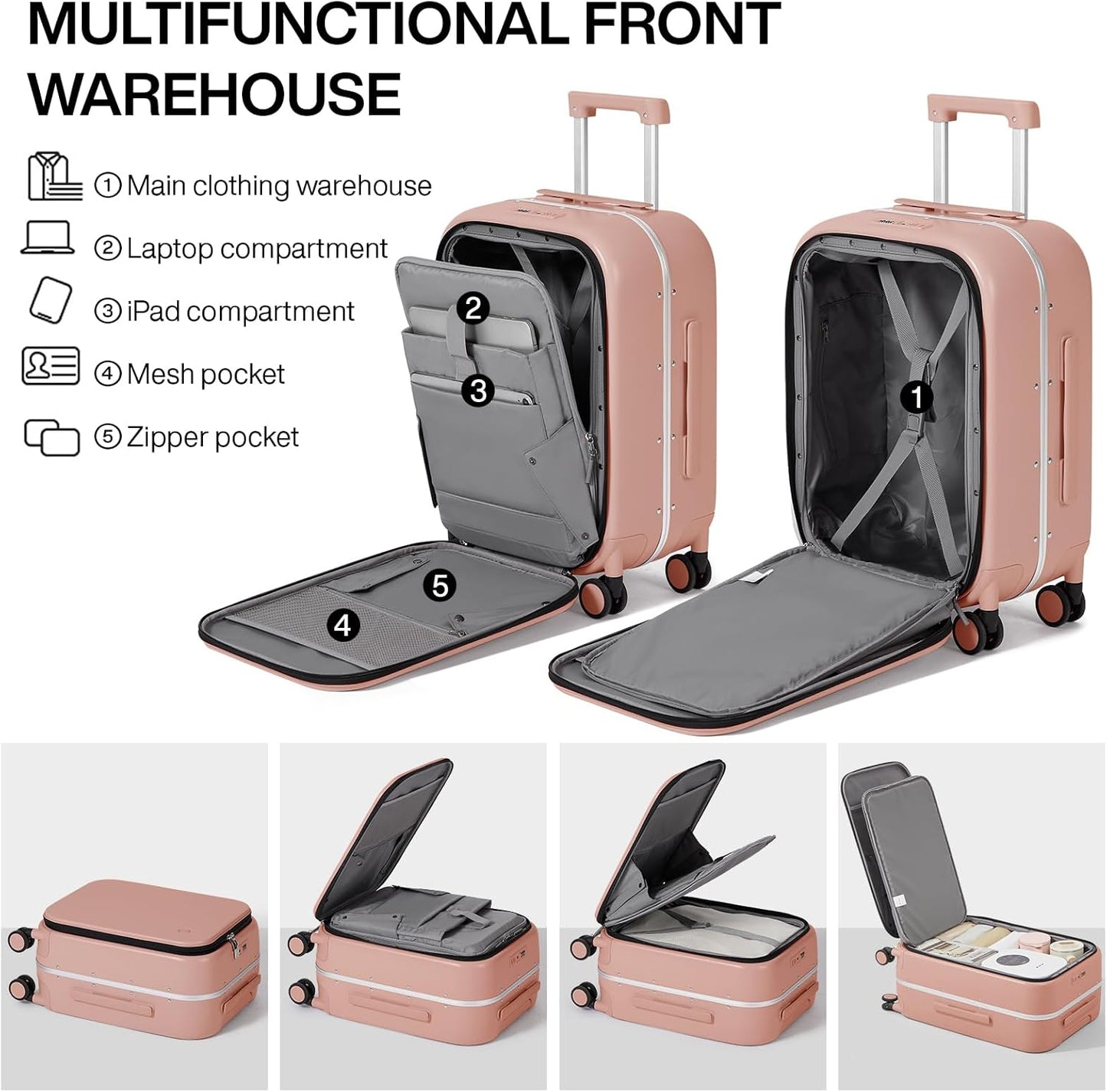 mixi Carry On Luggage, 20'' Suitcase with Front Laptop Pocket, Travel Rolling Luggage Aluminum Frame PC Hardside with Spinner Wheels & TSA Lock and Cover - Pink