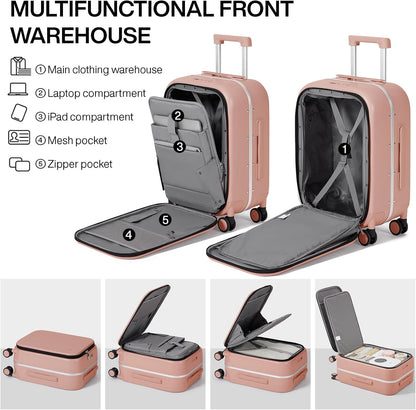 mixi Carry On Luggage, 20'' Suitcase with Front Laptop Pocket, Travel Rolling Luggage Aluminum Frame PC Hardside with Spinner Wheels & TSA Lock and Cover - Pink