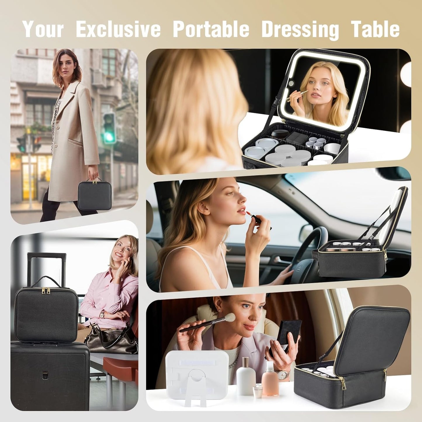 Makeup Bag with Removable Lighted Mirror, Travel Make up Bag with Lights Portable Makeup Case Organizer with Mirror 360° Adjustable Angle, Partitionable Cosmetic Bag Accessories Makeup Train Case Gift