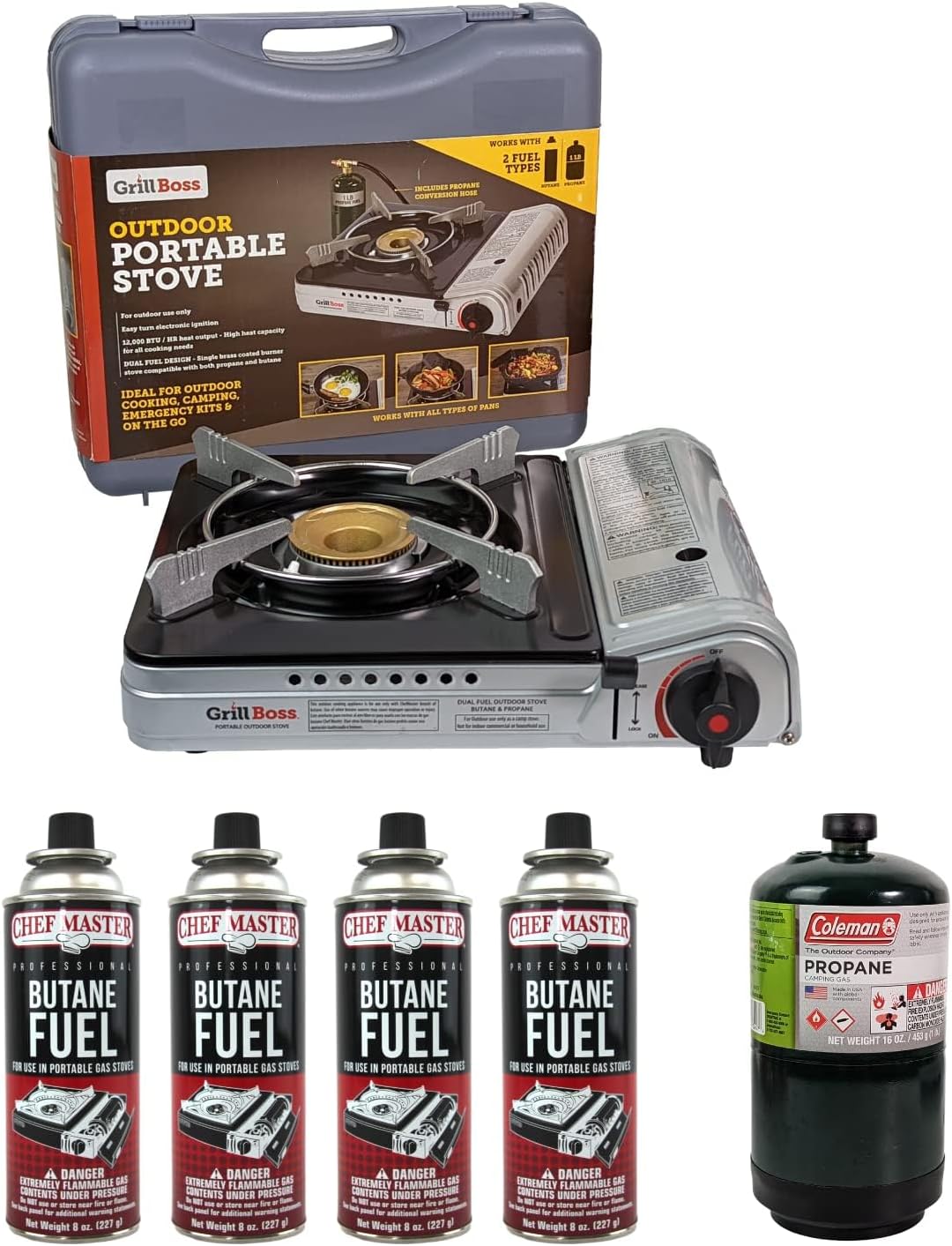 Dual Fuel Portable Stove Combo, Dual Fuel Butane & Propane Stove, 12K BTU Portable Camping Stoves w/ 4 x 8 oz. Butane Tin Canister for Camping, Emergencies & Outdoor Cooking, Grill by Grill Boss 90057