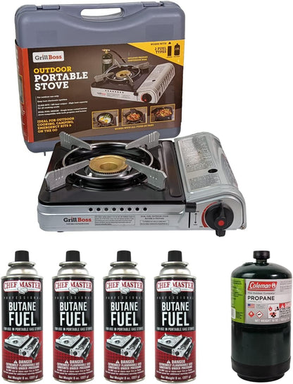 Dual Fuel Portable Stove Combo, Dual Fuel Butane & Propane Stove, 12K BTU Portable Camping Stoves w/ 4 x 8 oz. Butane Tin Canister for Camping, Emergencies & Outdoor Cooking, Grill by Grill Boss 90057
