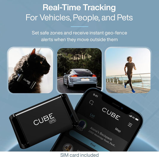 Cube GPS Tracker for Vehicles Assets Kids, Mini GPS Trackers for Dogs, Car Tracker Device: Real Time Worldwide Location SOS Pings Geo-Fencing + Rechargeable Battery Requires Subscription