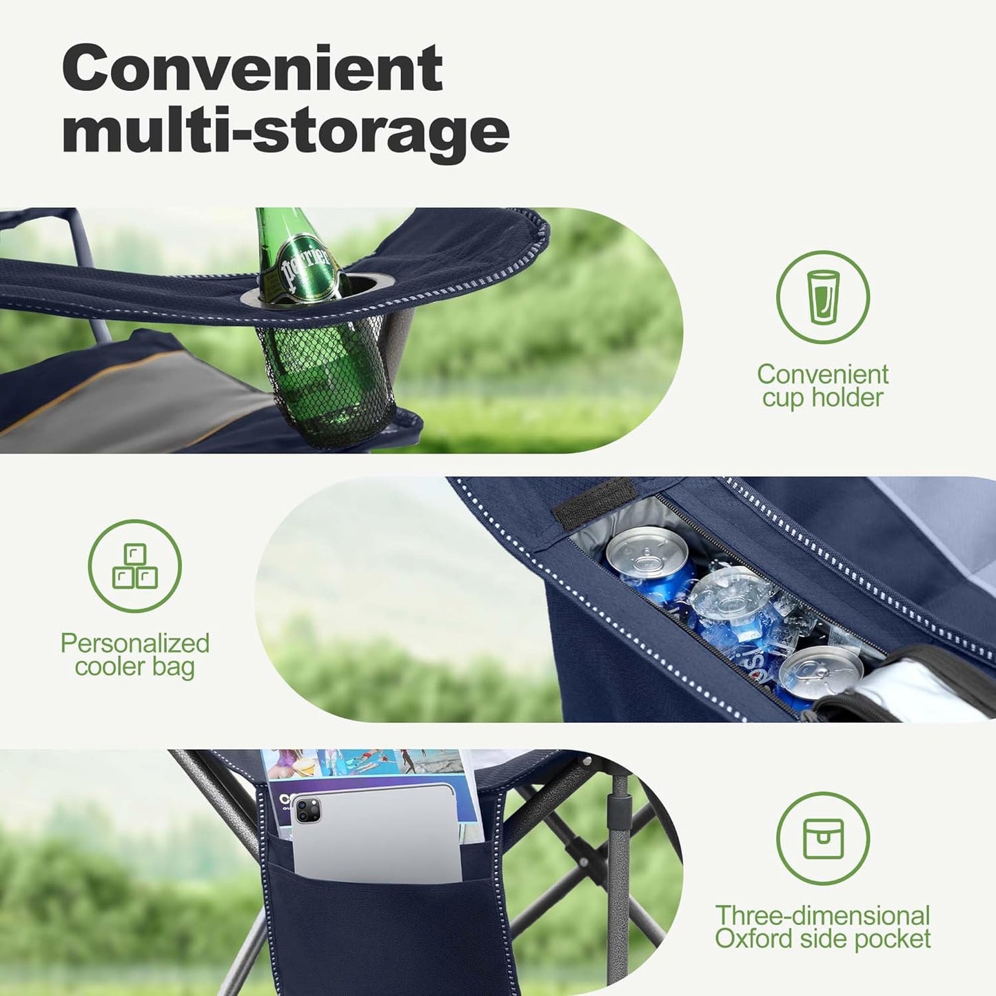 LET'S CAMP Folding Camping Chair Oversized Heavy Duty Padded Outdoor Chair with Cup Holder Storage and Cooler Bag, 450 LBS Weight Capacity, Thicken 600D Oxford