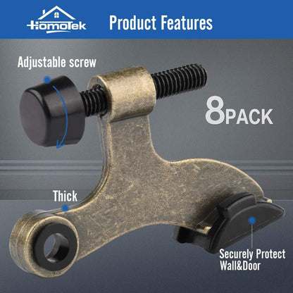 HOMOTEK 8 Pack Hinge Pin Antique Brass Door Stopper,Adjustable Deluxe Heavy Duty Door Stopper 2-1/2"x1-3/4”,with Black Rubber Bumper Tips