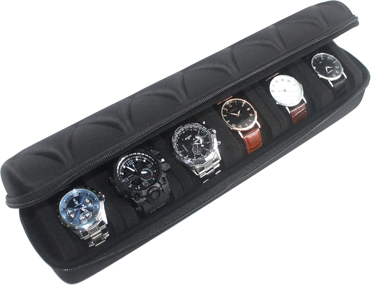 Watch roll travel case organizer for 6 watches, Storage Organizer and Display with innovative watch pillow, fit large up to 60mm faced watches (Black, 6 Slot)