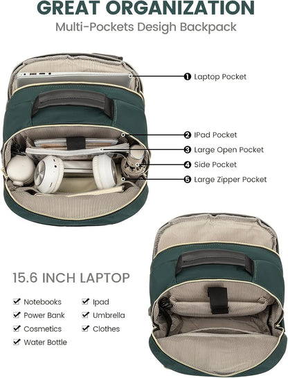 LOVEVOOK Laptop Backpack Purse for Women, Work Business Travel Computer Bags, College Nurse Backpack for Womens, Quilted Casual Daypack with USB Port, Fit 15.6 Inch Laptop, Deepgreen