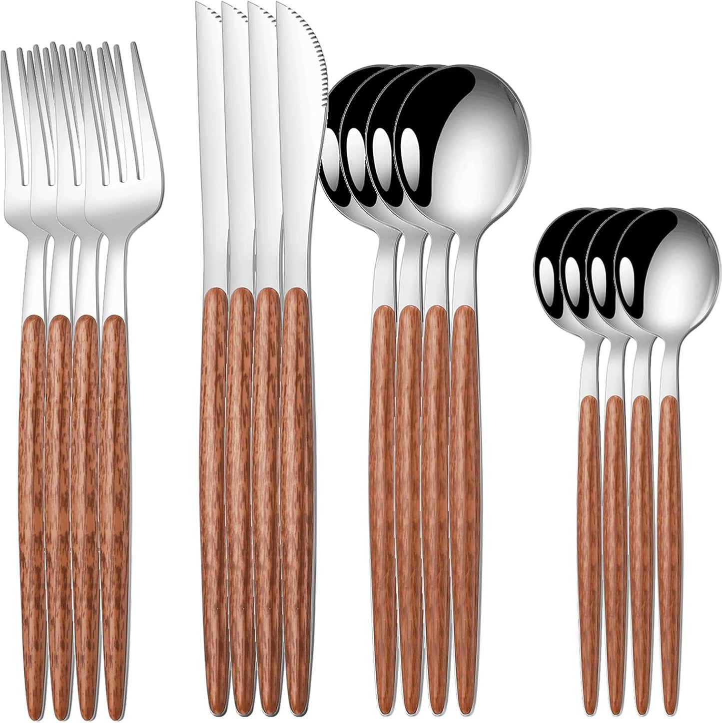 16 PCS Silverware Set for 4,Stainless Steel Flatware Cutlery Eating Utensils Set with Wood Grain Handle,Steak Knives Forks and Spoons for Home,Party,Mirror Polished and Dishwasher Safe