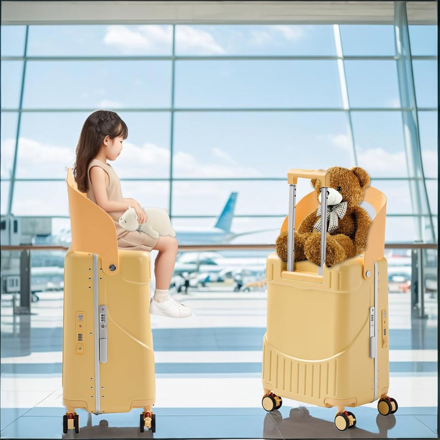 20 Inch Ride on Luggage With Seat For Kids&Adults,with Front Pocket, Foldable Seat Back TSA Approved Lock, 360° Spinner Wheels(20 inch,Yellow)