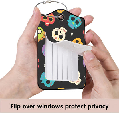 Luggage Tags for Suitcases, 2-Pack PU Leather for Cruise & Travel, Baggage ID Tags with Privacy Cover & Address Card, Durable Metal Ring, Kids Adults Travel Accessories, Sugar Skulls