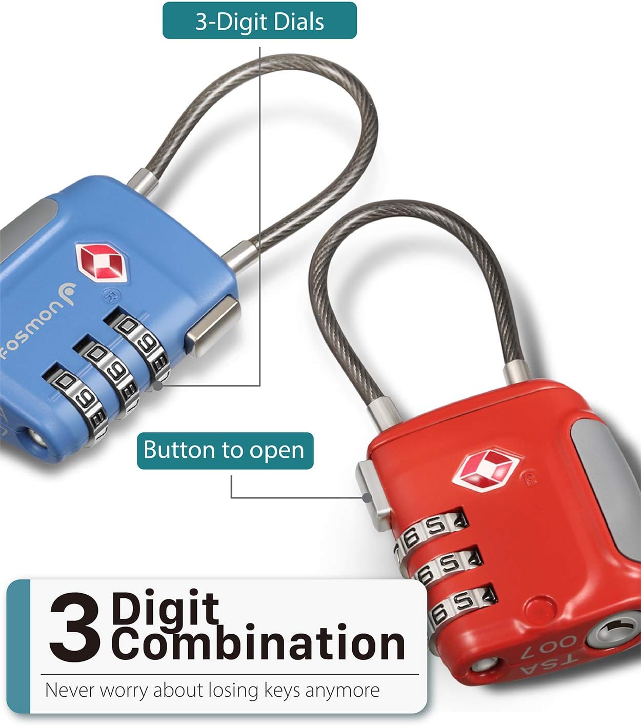 Fosmon TSA Approved Luggage Locks, Cable Suitcase Travel Lock, 3 Digit Long Shackle Combination Padlock, Wire Lock for Gym Locker, Backpack Anti Theft