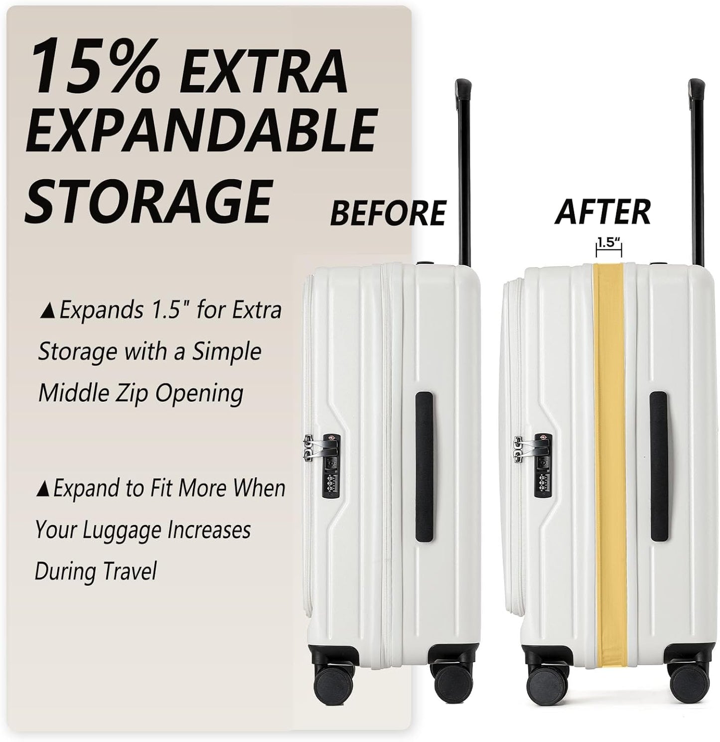 24 Inch Top Opening Checked Travel Luggage Expandable with Spinner Wheels,All PC Hard Shell Hardside Lightweight Medium Suitcase with TSA Approved Cup Holder for Business Trips Woman Men,White