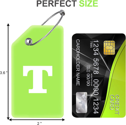8 Pcs Luggage Tags for Suitcases, 26 Initial Letter Travel Luggage Baggage Identification Labels ID Tags Fully Bendable Tags with Stainless Steel Loop (Letter T, Green)