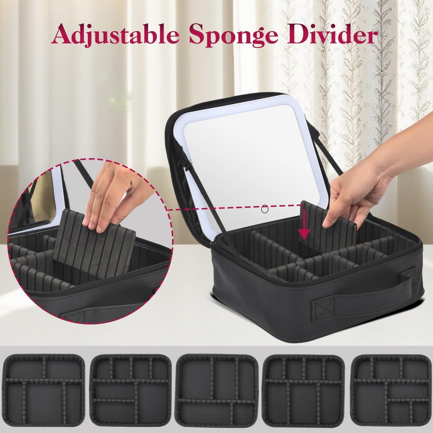 Travel Makeup Bag With LED Mirror,Cosmetic Train Case with 3 Color Setting,Cosmetic Makeup Organizer Bag with Adjustable Dividers,Portable Make up Box with Make up Brushes Holder Storage（Back）